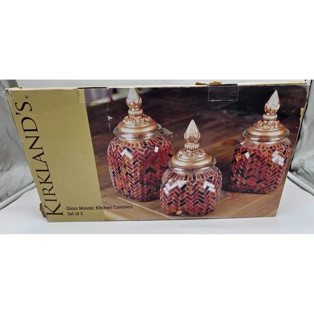 Kirkland's Three Piece Glass Mosaic Kitchen Canister Set New Open Box